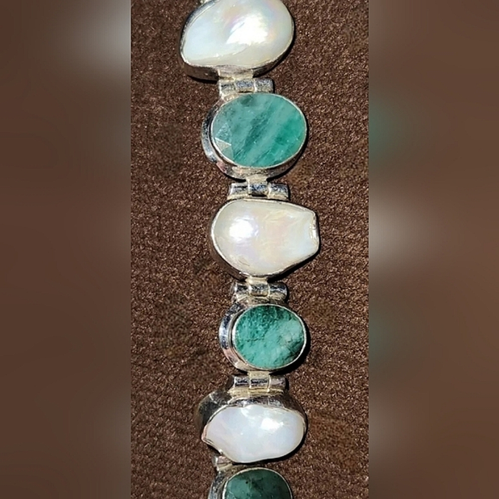 Emerald, Pearl and Sterling Silver Link Bracelet
